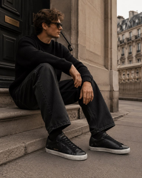 Мужские кеды Golden Goose Super-Star Men's in Black Nappa With Black Suede Star and Heel Tab